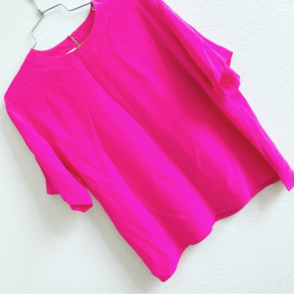 VINTAGE HOT PINK SILK blouse short sleeve top shirt Medium 100% silk flaws